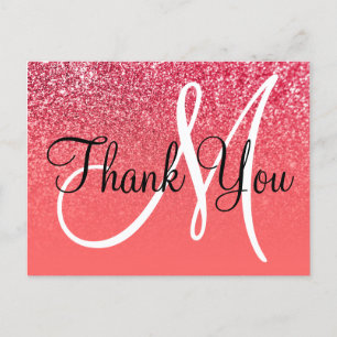 Coral Red Ombre Glitter Monogram Dank u wel Briefkaart