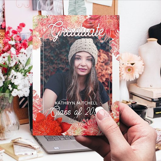 Coral Red Pink Botanische Boho Floral Afstuderen Briefkaart