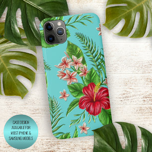 Coral Red Pink Floral op Aqua Blue Turquoise iPhone 15 Pro Max Case