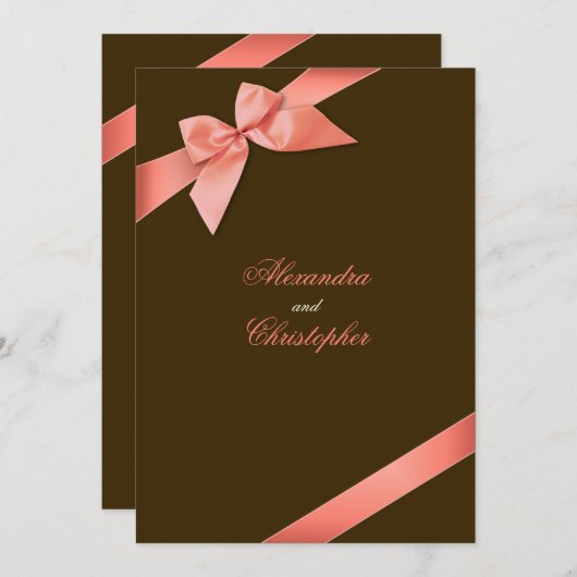 Coral Red Ribbon Wedding Announding Kaart (Voorkant / Achterkant)