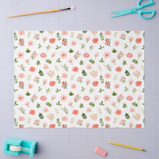 Coral Red Roses and Foliage Pattern Tissuepapier (Craft)