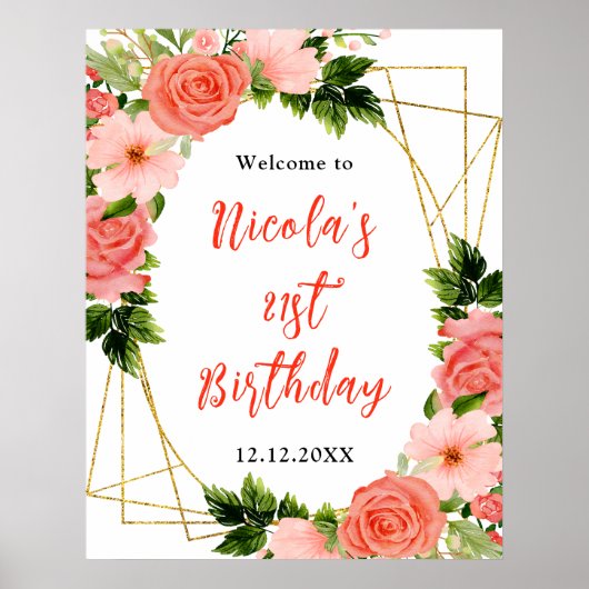 Coral Red Roses with Foliage Birthday Welcome Poster (Voorkant)