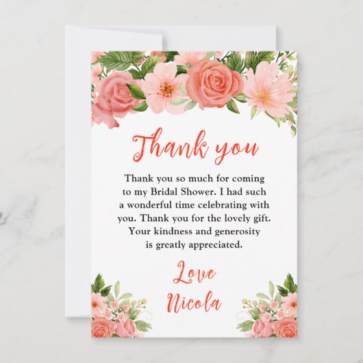 Coral Red Roses with Foliage Bridal Shower Bedankkaart (Voorkant)