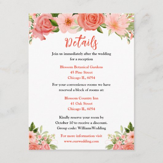 Coral Red Roses with Foliage Informatiekaartje (Voorkant)