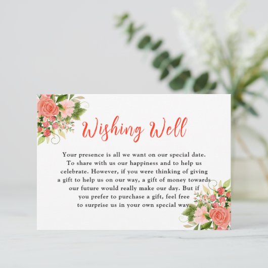 Coral Red Roses with Foliage Informatiekaartje (Staand voorkant)