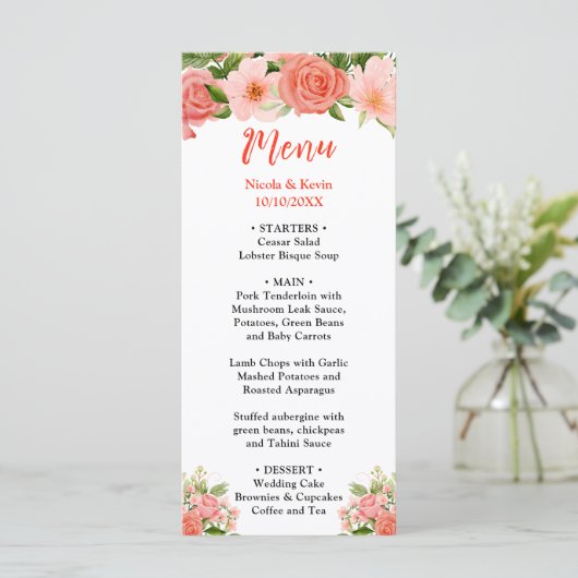 Coral Red Roses with Foliage Menu (Staand voorkant)
