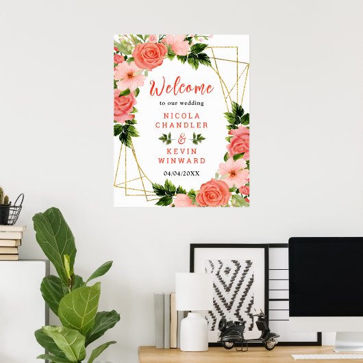Coral Red Roses with Foliage Poster (Thuiskantoor)
