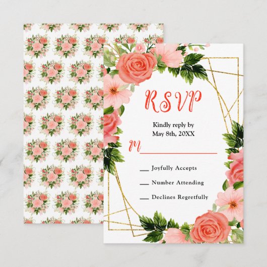 Coral Red Roses with Foliage RSVP Kaartje (Voorkant / Achterkant)