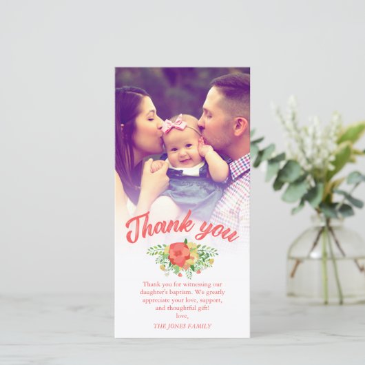 Coral Red Spring Bouquet Baptisme Foto Bedankkaart (Staand voorkant)
