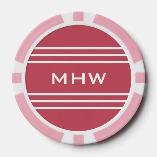 Coral Red Stripes aangepaste monogram poker chips (Voorkant)