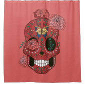 Coral Red Sugar Skull met Mariggets en Butterfly Douchegordijn (Voorkant)