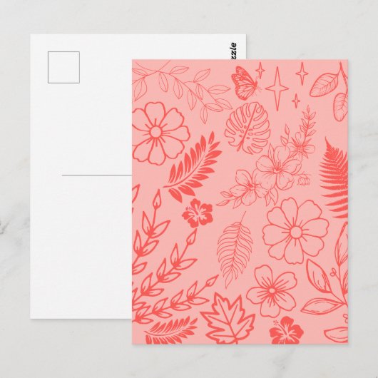 Coral Red Tropical Floral Pattern Briefkaart (Voorkant / Achterkant)