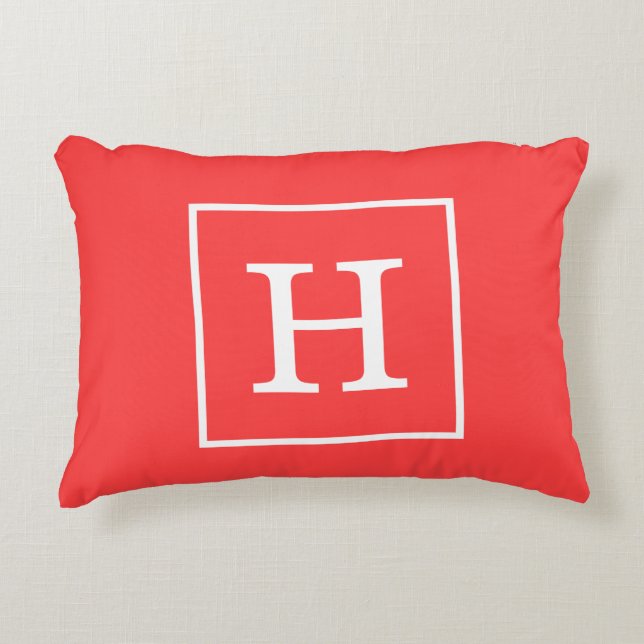 Coral Red White Initiaal monogram Accent Kussen (Voorkant)