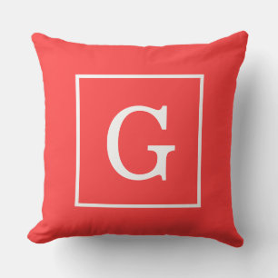 Coral Red White Initiaal monogram Kussen