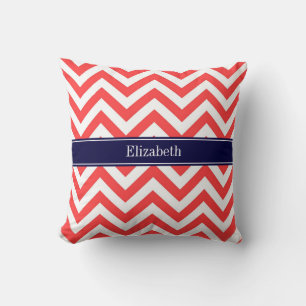 Coral Red White LG Chevron Navy Blue Name Monogram Kussen