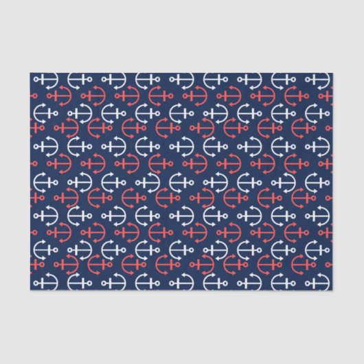 Coral-red & White Nautical Boat Anchors Pattern Tissuepapier (Voorkant)