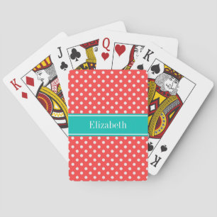 Coral Red, White Polka Dots Blauwgroen Name Monogr Pokerkaarten