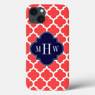 Coral Red WhMarokkaans #5 Navy 3 Initiaal Monogram iPhone 13 Hoesje
