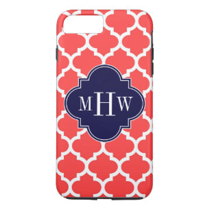 Coral Red WhMarokkaans #5 Navy 3 Initiaal Monogram iPhone 8/7 Plus Hoesje