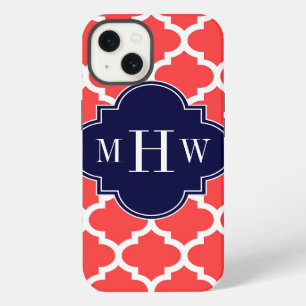 Coral Red WhMarokkaans #5 Navy 3 Initiaal Monogram iPhone 13 Hoesje