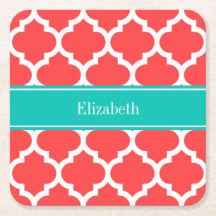 Coral Red WhMoroccan #5 Monogram Blauwgroen naam Kartonnen Onderzetters