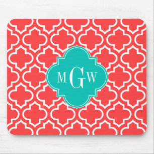 Coral Red WhMoroccan #6 Monogram Blauwgroen naam Muismat