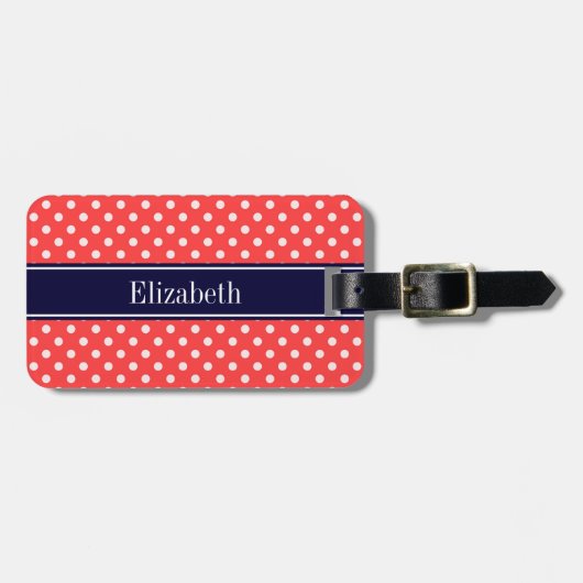 Coral Red, Wht Polka Dots Navy Blue Name Monogram Bagagelabel (Voorkant horizontaal)