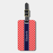 Coral Red, Wht Polka Dots Navy Blue Name Monogram Bagagelabel (Voorkant verticaal)