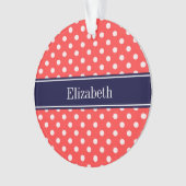 Coral Red, Wht Polka Dots Navy Blue Name Monogram Ornament (voorkant)