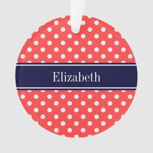 Coral Red, Wht Polka Dots Navy Blue Name Monogram Ornament (voorkant)