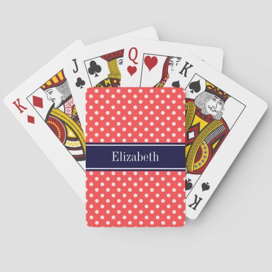 Coral Red, Wht Polka Dots Navy Blue Name Monogram Speelkaarten (Achterkant)