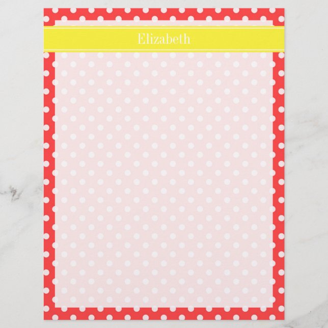 Coral Red, Wht Polka Dots Yellow Name Monogram (Voorkant)