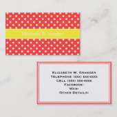Coral Red, Wht Polka Dots Yellow Name Monogram Visitekaartje (Voorkant / Achterkant)