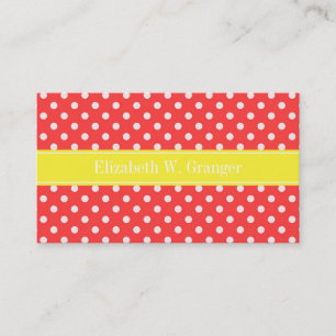 Coral Red, Wht Polka Dots Yellow Name Monogram Visitekaartje