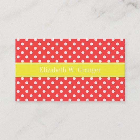 Coral Red, Wht Polka Dots Yellow Name Monogram Visitekaartje (Voorkant)