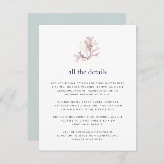 Coral Reef Bruiloft Gast Details Kaart (Voorkant / Achterkant)