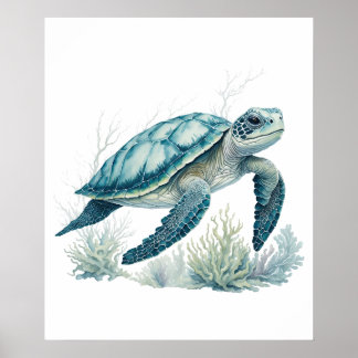 Coral Reef Explorer - Waterverf schildpad in een k Poster