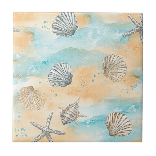Coral Reef Seashells & Aqua Waves Pattern (5) Tegeltje (Voorkant)