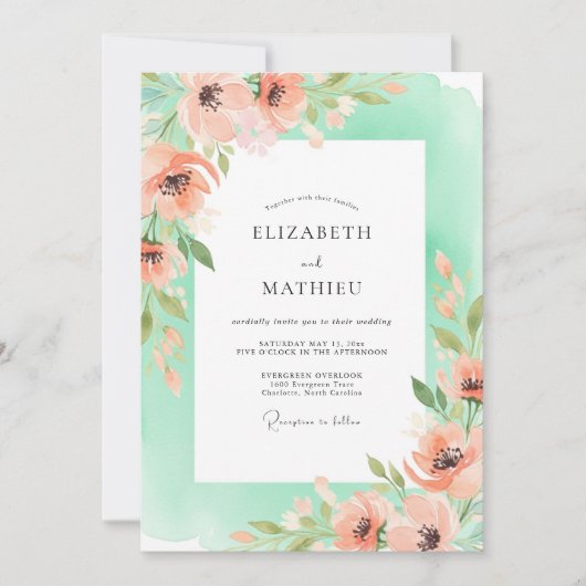 Coral Romantic Floral Wedding Kaart (Voorkant)