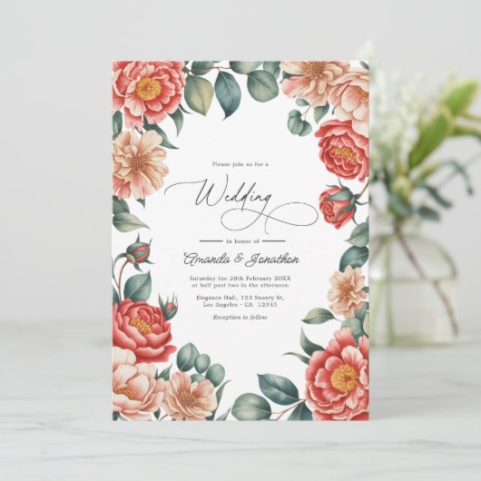Coral Rose, Apricot Blush, and Soft Mint Wedding Kaart (Staand voorkant)