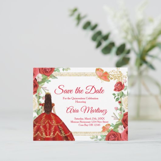 Coral Roses Quinceañera 15 Anos Save the Date  Bedankkaart (Staand voorkant)