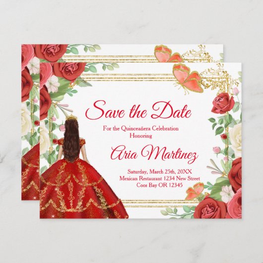 Coral Roses Quinceañera 15 Anos Save the Date  Bedankkaart (Voorkant / Achterkant)