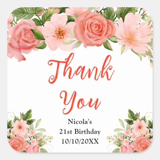 Coral Roses with Foliage Birthday Thank You Vierkante Sticker (Voorkant)