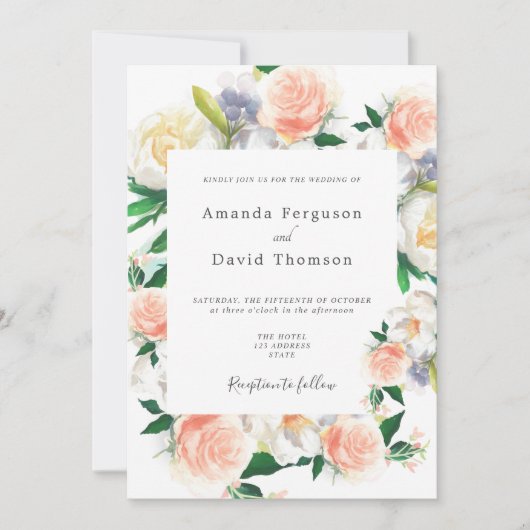 Coral roze florals script bruiloft kaart (Voorkant)