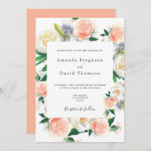 Coral roze florals script bruiloft kaart (Voorkant / Achterkant)