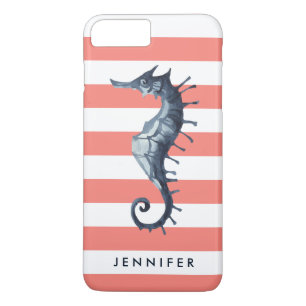 Coral roze Nautical Seahorse gepersonaliseerd mono iPhone 8/7 Plus Hoesje