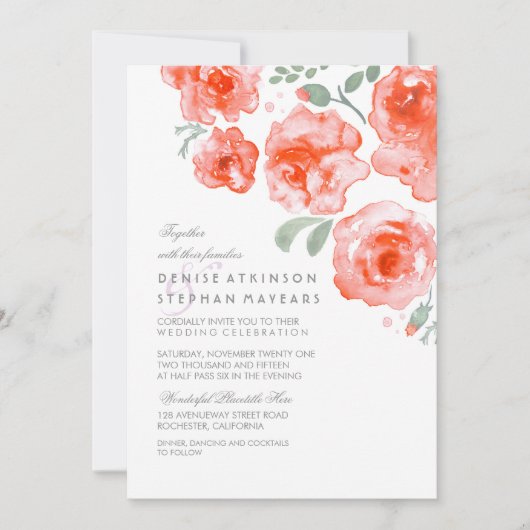 Coral Rozen Wedding - Waterverf Uitnodigingen (Voorkant)