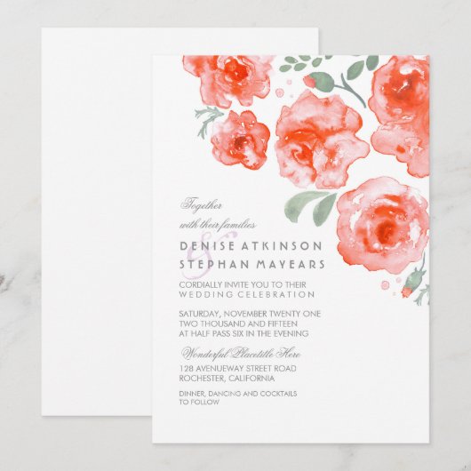 Coral Rozen Wedding - Waterverf Uitnodigingen (Voorkant / Achterkant)