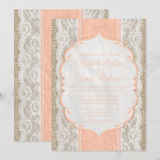 Coral Rustic Lace Wedding Invitations Kaart (Voorkant / Achterkant)