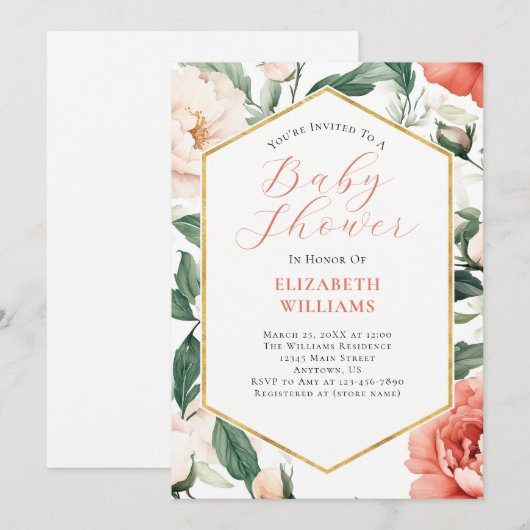 Coral Salmon Ivory Peonies Baby shower Uitnodiging (Voorkant / Achterkant)